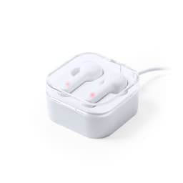 White earphones resting in a transparent charging case, with red indicator lights visible on the earbuds.