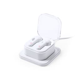 White earphones in a transparent charging case on a white base, with red indicator lights illuminated.