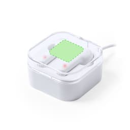 A pair of white earphones in a clear charging case with indicator lights, featuring a logo on the case.