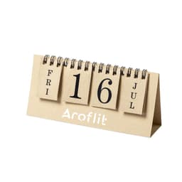 A desk calendar with a beige stand, featuring flip-style date cards in black and a logo at the bottom.