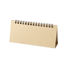 A desktop calendar with a spiral binding and a beige cover, featuring a simple, minimalistic design.