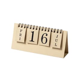 A desk calendar featuring a beige stand with black numbers and letters for the date and day. It includes a logo.