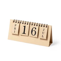 A desk calendar with a beige base and black numerals displaying the date, day, and month in a spiral design.