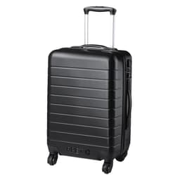 A black wheeled trolley bag with a textured surface and a retractable handle, featuring a logo on the front.