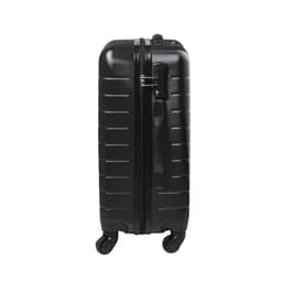 A black wheeled bag with a sleek design and a built-in lock, featuring four wheels for easy mobility.
