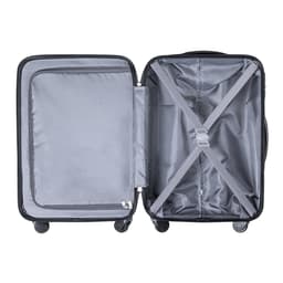 An open black wheeled trolley bag with a grey interior and cross straps for securing content.