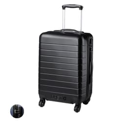 A black wheeled bag with a sleek design and retractable handle, featuring a logo on the front.
