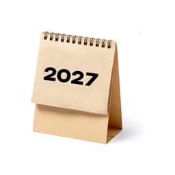 A desk calendar with a spiral binding displaying the year 2027, featuring a clean, neutral design in brown tones.