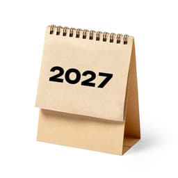 A brown desktop calendar with a spiral binding displaying the year 2027.
