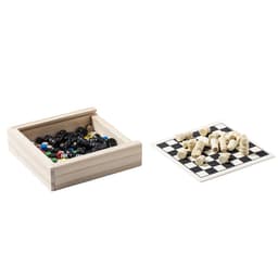 A wooden game set with a black and white checkered board and assorted black, white, and coloured pieces in a box.