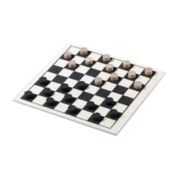 A Parchess game set featuring a black and white checkerboard with wooden pieces in light and dark shades.