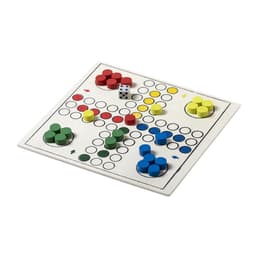 A Parchess game set featuring a board with red, blue, yellow, and green game pieces, and a dice.