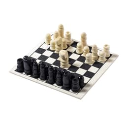 A Parchess game set features black and white pieces on a checkerboard style board, designed for strategic play.
