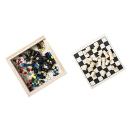 A wooden game set featuring a checkerboard design and various coloured game pieces in a compartmentalised box.