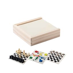 A wooden game box containing boards for chess and other games, featuring pieces in black, white, and colourful tokens.