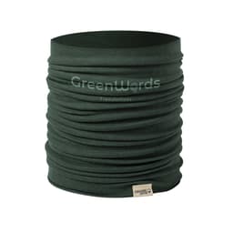 A green neck warmer made from organic cotton, featuring a gathered design and a small label.