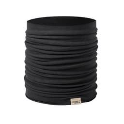 A black fabric neck warmer with a gathered design and a tag indicating organic cotton.