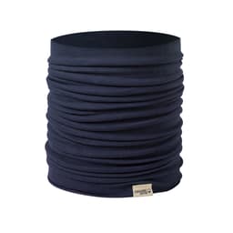 A navy neck warmer with a textured, gathered design and a small logo tag. Made from organic cotton.