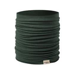 A dark green neck warmer featuring a gathered design and a small fabric label.
