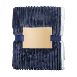 A navy blue fleece blanket with a textured ribbed pattern, folded and secured with a band, featuring a logo.
