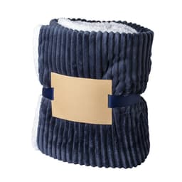 A plush navy Karovix blanket with a soft, textured exterior and a contrasting white interior, secured with a band.