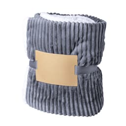 A grey Karovix blanket, featuring a plush texture and a smooth band for storage, with a logo on the band.