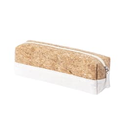 A pencil case featuring a cork exterior and a white canvas base, complete with a zip closure.