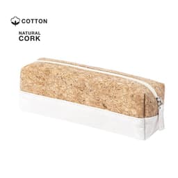 A natural cork and white cotton pencil case with a zip closure and a simple design, featuring a small logo.