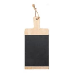 A wooden cutting board with a black surface and a handle, featuring a rope for hanging.