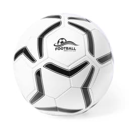 A football featuring a white and black design with a logo. Suitable for various outdoor sports activities.