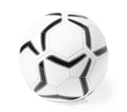 A white soccer ball with black accents, featuring a classic hexagonal pattern and a logo.