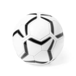 A soccer ball in white with black accents and a classic pentagon design. It features a logo.