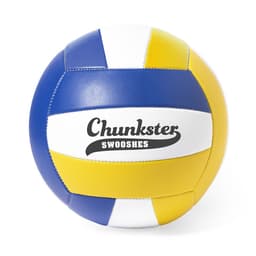 A multicoloured volleyball features blue, yellow, and white panels, with a logo printed on it.