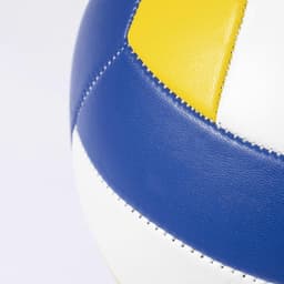 A sports ball with blue, yellow, and white segments, featuring stitching and a logo. Ideal for leisure and outdoor activities.