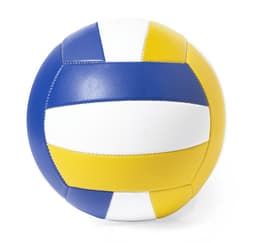 A volleyball in blue, yellow, and white, featuring a stitched design and a branded logo.
