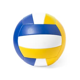 A volleyball in blue, yellow, and white, featuring sections stitched together and a logo.