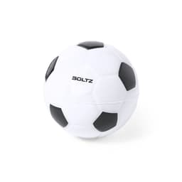 A stress ball designed as a black and white soccer ball, with a logo on the surface.