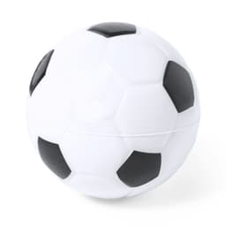 A stress ball designed to resemble a classic black and white soccer ball. It features a smooth surface and is round in shape.