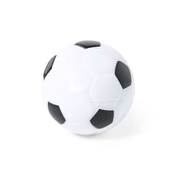 A stress ball shaped like a soccer ball, featuring a white body with black patches.