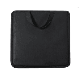A black cushion featuring a handle, designed for home use. It has a sleek, simple design and a branded logo.