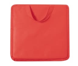 A red cushion with a handle, featuring a smooth surface and a simple, clean design. It has a branding logo.