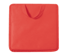 A red cushioned seat pad with a convenient handle for easy transport. It features a simple design.