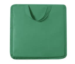 A green cushion with a handle, designed for comfort and convenience in home settings.