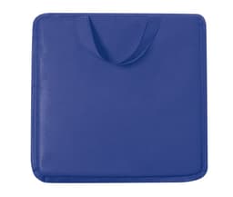 A blue square cushion with a carry handle, featuring a simple design and smooth texture.