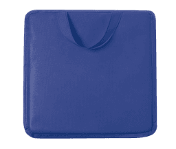 A blue cushion with a handle, featuring a smooth, textured surface. It has a simple design and is padded.