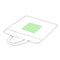 A square cushion with a handle, featuring a green centre and a neutral outer colour. It has a simple design and branding.