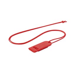 A red whistle attached to a red lanyard, suitable for novelty purposes and games.