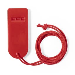 A red whistle with a cord attached, designed as a novelty item for fun and games.