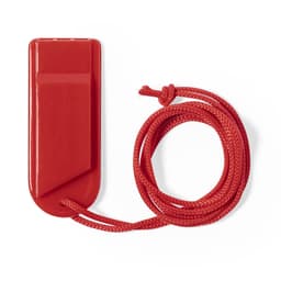 A red whistle attached to a red cord, designed as a novelty item for fun and games.