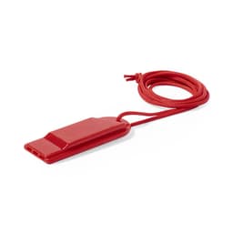 A red whistle with a braided cord is displayed against a plain background, featuring a simple, sturdy design.